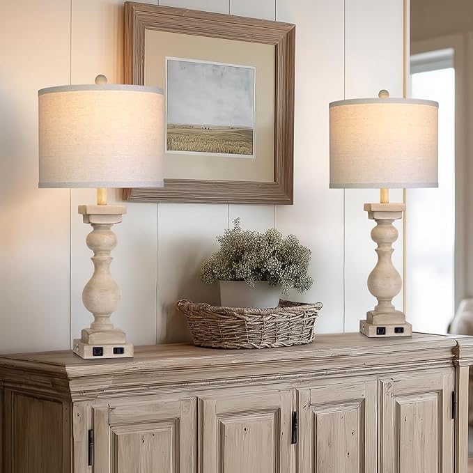 MOUVOVO 28" Tall Farmhouse Table Lamps Set of 2 with USB C+A Ports and AC Outlet, 3 Way Touch Tall Rustic Bedside Lamps for Living Room, Beige Vintage Lamps for Bedroom
