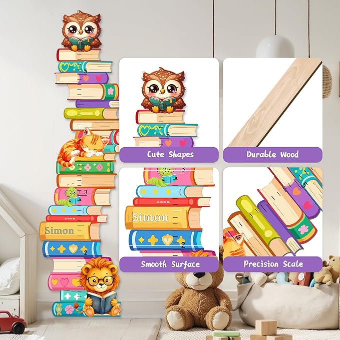 Woodemon Personalized Name Wooden Growth Charts for Kids, Stacks of Book Height Measurement for Wall Girls Boys Teen Room Nursery Decor