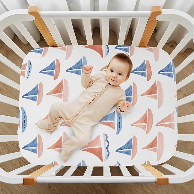 Baby Crib Sheets Fitted Crib Sheet Standard Crib and Toddler Mattress for Boys Girls 39 * 27in Pink Starfish Shell Pattern (Watercolor Sailboats Pattern, Medium)