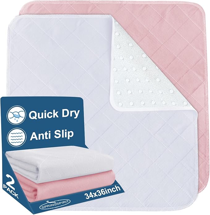 Bed Pads Washable Waterproof(2 Pack, 34 x 36), Washable and Reusable Anti Slip Chuck Pads Incontinence Underpad Sheets Protector, Pee Pads for Elderly, Kids, Toddler and Pets, White and Pink