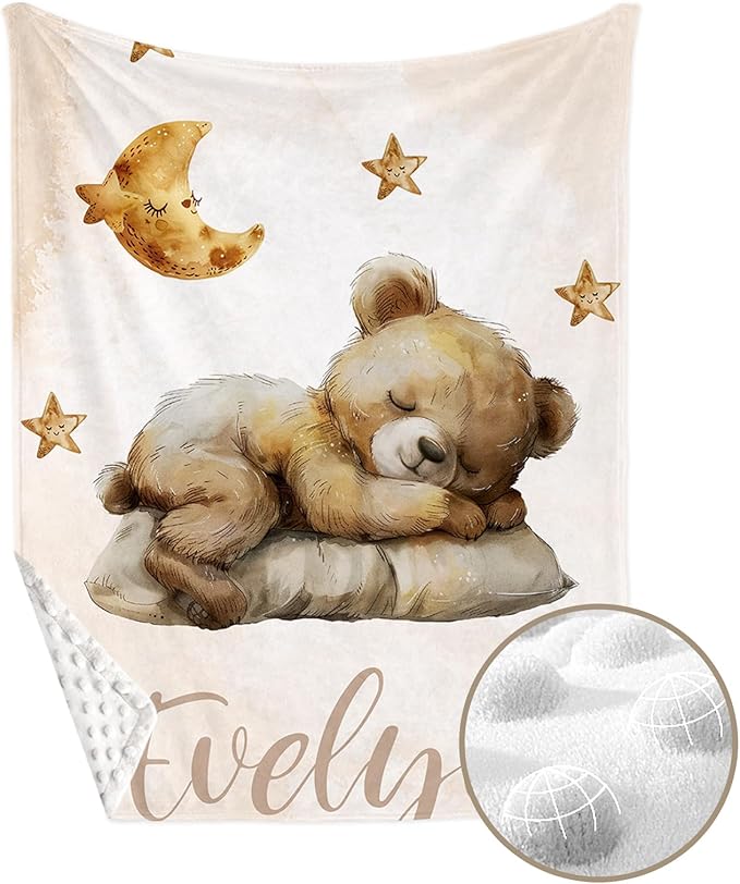 Personalized Baby Crib Bedding Set, Custom Name Star Bear Theme Baby Bedding 2-Pcs Set - Soft Double Layer Dotted Blanket and Fitted Sheet, Nursery Bedding for Newborn Boys Girls, Perfect Shower Gift