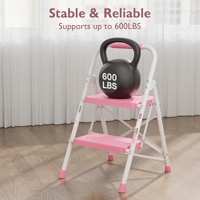 BONTEC 2-Step Ladder, Folding Step Stool, 600lbs Max Load Capacity, Sturdy Steel, Non-Slip Pedals, Lightweight, Portable Steel Ladder with Convenient Handrail, Safety Design for Home & Work, Pink
