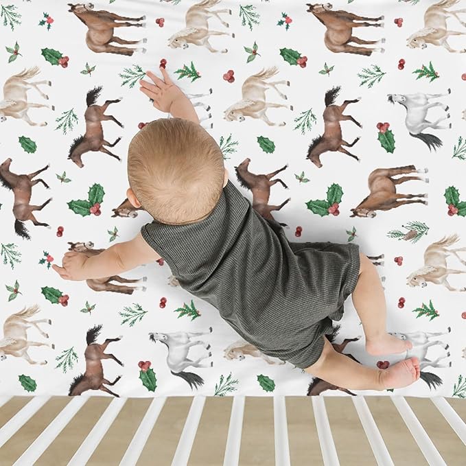 Christmas Horses Baby Crib Sheets for Boy Girl 52"x28" Holiday Animals Cherry Fir Leaves Soft Snug Fitted Crib Mattress Cover Winter Farm Animal Baby Sheet for Standard Crib & Toddler Bed Mattress