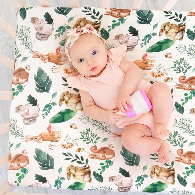 4 Pack N Play Sheets Woodland Forest Animals Wood Neutral Unisex Fitted Baby N Play Sheets Fitted for Standard Pack and Plays and Mini Cribs Set for Baby Boys or Girls (Raccoon)