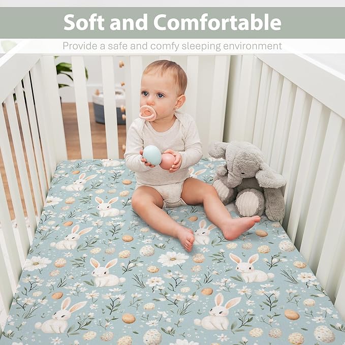 Blue Spring Bunnies Daisy Floral Baby Crib Sheets for Boy Girl 52x28 Cute Rabbits Eggs Flowers Soft Snug Fitted Crib Mattress Covers Spring Garden Baby Sheet for Standard Crib & Toddler Bed Mattress