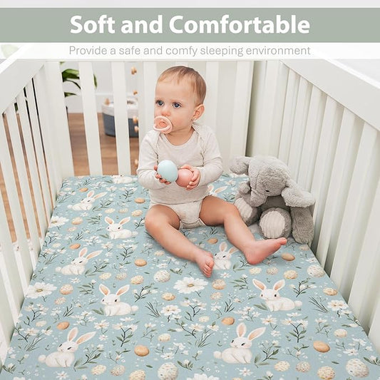 Blue Spring Bunnies Daisy Floral Baby Crib Sheets for Boy Girl 52x28 Cute Rabbits Eggs Flowers Soft Snug Fitted Crib Mattress Covers Spring Garden Baby Sheet for Standard Crib & Toddler Bed Mattress