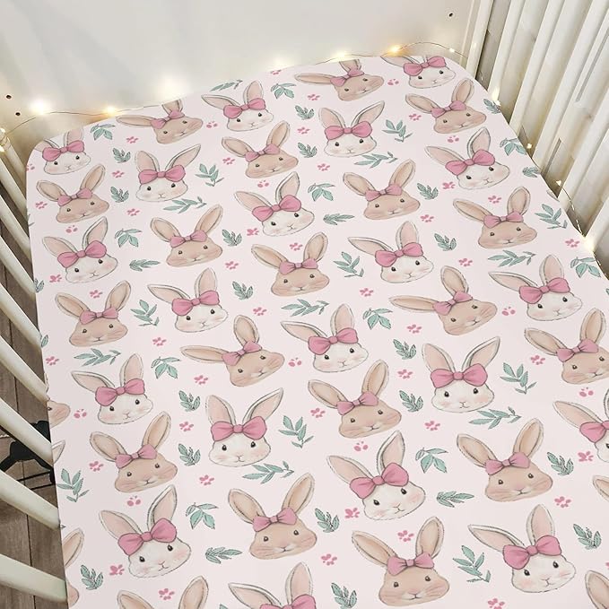 Easter Bunnies Pink Bows Baby Crib Sheets for Boy Girl 52"x28" Cute Rabbit Leaves Soft Stretchy Fitted Crib Mattress Cover Spring Garden Animal Baby Sheet for Standard Crib and Toddler Bed Mattress