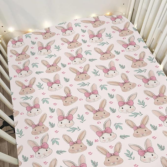 Easter Bunnies Pink Bows Baby Crib Sheets for Boy Girl 52"x28" Cute Rabbit Leaves Soft Stretchy Fitted Crib Mattress Cover Spring Garden Animal Baby Sheet for Standard Crib and Toddler Bed Mattress