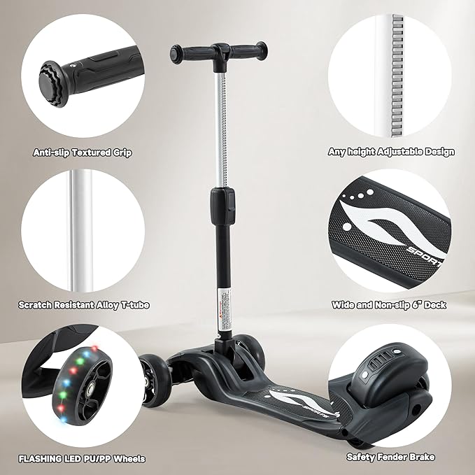 GLAMUP Kids Kick Scooter 3 Wheels, Kids Scooter Height Adjustable Handlebar, Lean-to-Steer System & Easy-Folding Mechanism, Ages 3-14 Boys and Girls