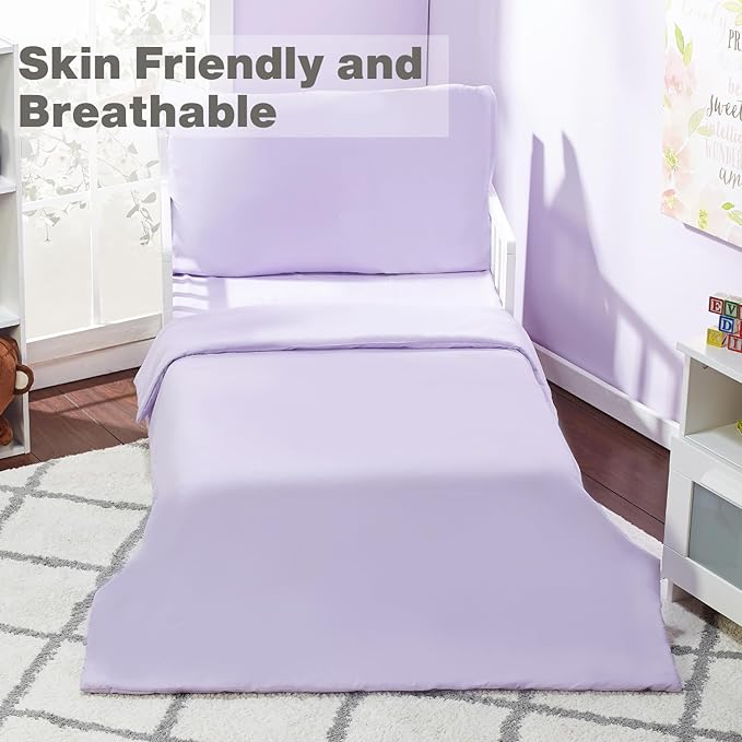 EVERYDAY KIDS 4 Piece Toddler Bedding Set - Includes Comforter, Flat Sheet, Fitted Sheet and Pillowcase - Solid Purple