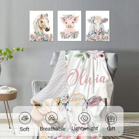 Personalized Baby Crib Bedding Set: 4 Piece Custom Flower Horse Crib Bed Set with Name, Nursery Bedding Set for Baby Girls, Newborn Boys Crib Sets, Crib Bedding Custom Gift, Crib Sheet