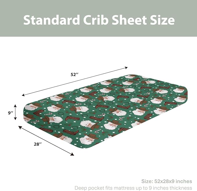 Green Cowboy Santa Christmas Baby Crib Sheets for Boy Girl 52x28Inch Western Santa Hat Boots Fir Leaves Soft Snug Fitted Crib Mattress Cover Wild West Baby Sheet for Standard Crib & Toddler Mattress