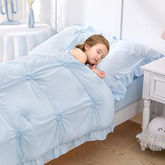 Wowelife Boho Tufted Toddler Bedding Set for Girls, 4 Pcs Ruffle Floral Crib Bed Sheets Set, Jacquard Embroidery Toddler Comforter Set Includes Comforter, Fitted Sheet, Top Sheet and Pillowcase, Blue