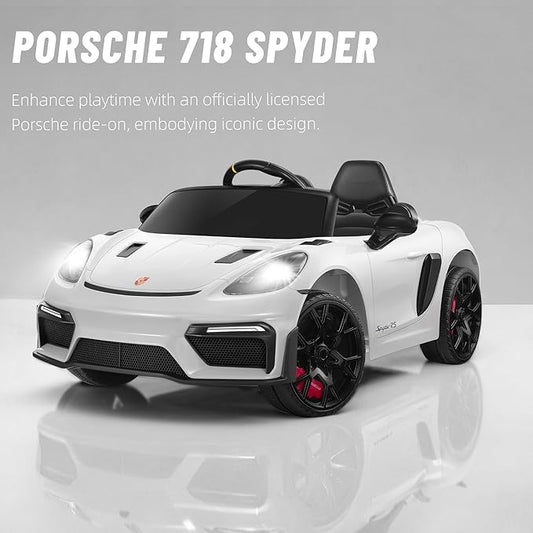 First Ride On 12V Ride on Car for Kids, Licensed Porsche 718 Spyder Battery Powered Ride on Toy, Child Electric Car w/Music, USB, MP3, Bluetooth, 3 Speeds, Wheels Suspension, Led Lights (White)