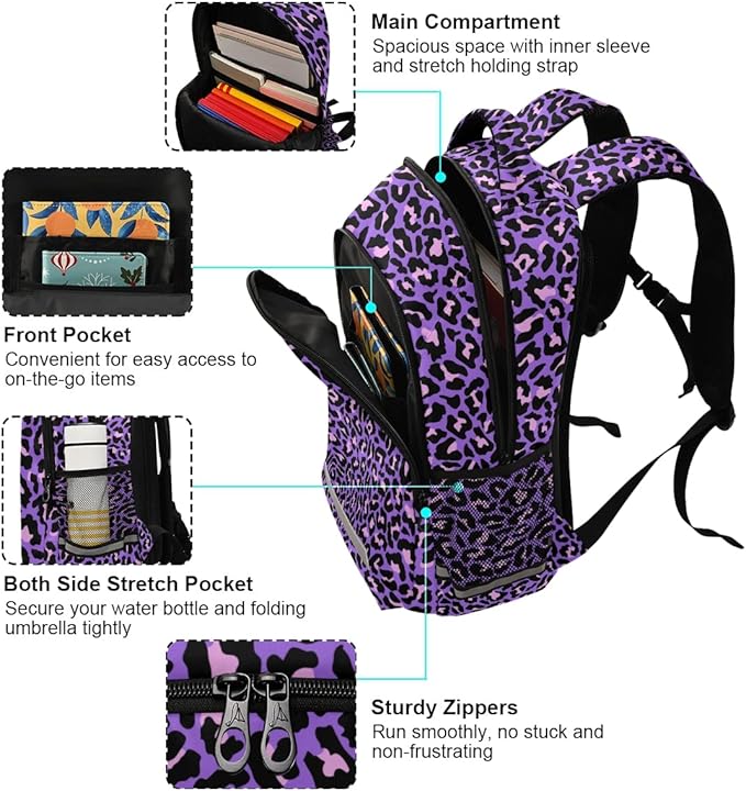 MNSRUU School Backpack with Chest Strap, Neon Purple And Pink Leopard Laptop Backpack, Travel Hiking Backpack for Boys Girls, Rucksack, Knapsack