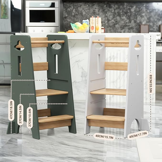 COSYLAND 3 Levels Adjustable Toddler Standing Tower - 33.5IN/85CM Stable Kids Kitchen Step Stool with Protective Crossbar - Wooden Toddler Kitchen Stool Helper(Green & Natural)
