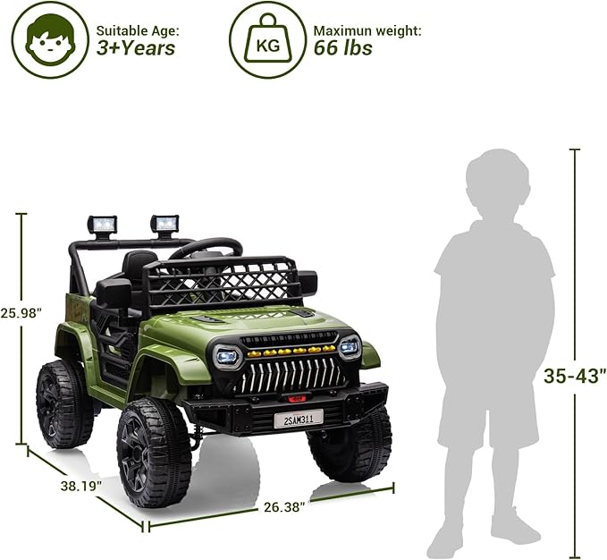 12V Ride On Car for Kids Electric Vehicle Toddlers Battery Powered Truck Car Toy with Remote Control, 4-Wheel Suspension, Battery Display, LED Lights, Music, for Boys Girls, Army Green