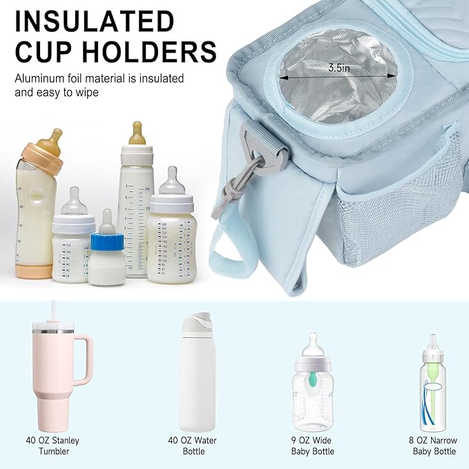 Universal Stroller Organizer with Insulated Cup Holder,Stroller Caddy Bag with Wet Wipes Pocket,Stroller Accessories Fits for Uppababy,Doona,Jogger,Britax,Mompush,BoB Strollers,Blue
