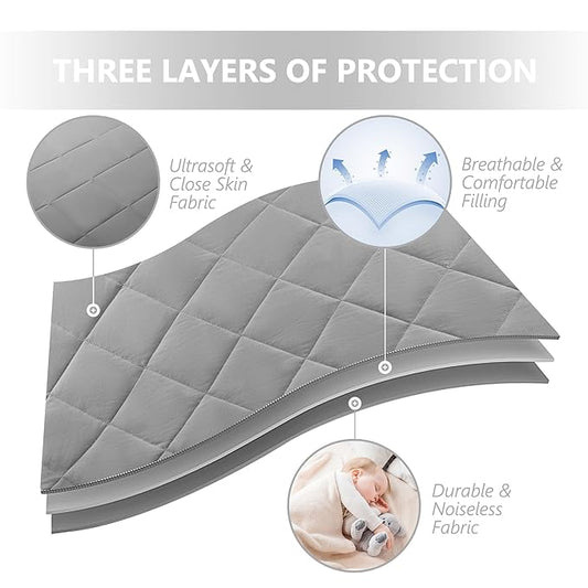 TILLYOU Pack and Play Sheet - Soft Quilted Crib Cover Pad, Toddlers Mattress Protector with 1''-3'' Deep Pocket, Thick Play Yard Playpen Sheets, Breathable Fluffy Crib Mattress Pad, 39"x27", Grey