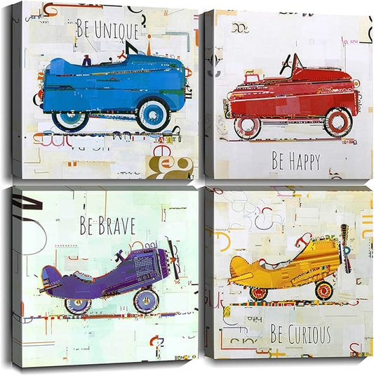 Oreichar Art Kids Wall Art Inspirational Quotes Canvas Print Painting Colorful Cartoon Car Plane Picture for Baby Kids Room Bedroom Nursery Decoration (12"x12"x4pcs)