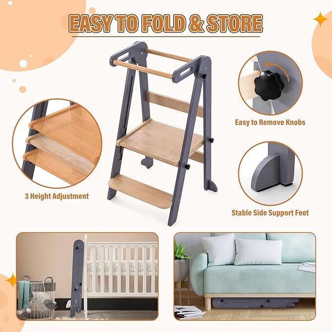 Gewitt Foldable Toddler Kitchen Stool Helper - Adjustable Height Folding Toddler Standing Tower, Kids Helper Stool with Safty Rail for Kitchen Counter Bathroom (Grey)