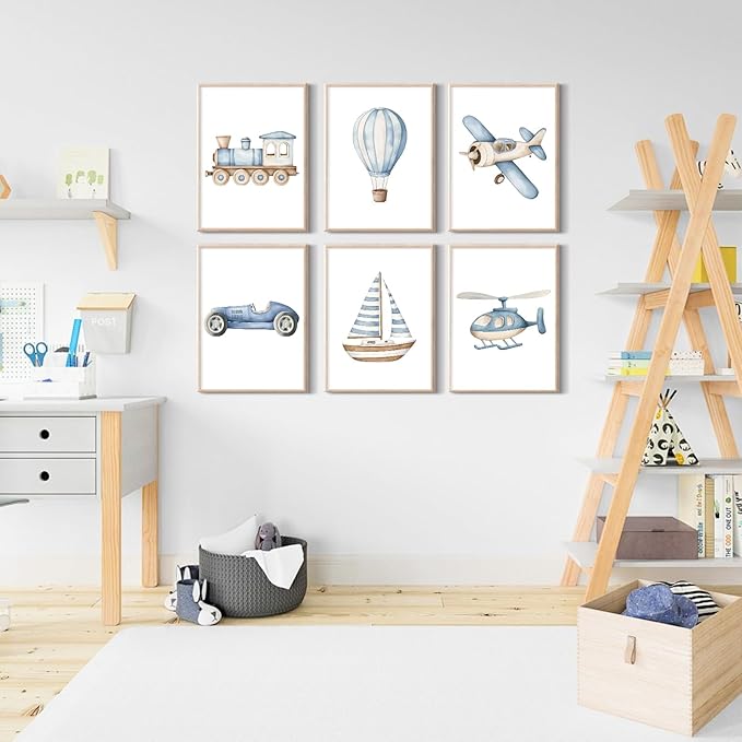 Lhoiplme Baby Boy Nursery Wall Art Transportation Blue Car Canvas Prints Vintage Toddler Vehicle Pictures Decor Hot Air Balloon Airplane Nursery Poster for Kids Boys Room Bedroom 8x10x6 Inch Unframed