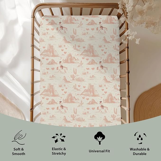 Vintage Pink Cowgirl Cactus Baby Crib Sheets for Boy Girl 52"x28" Western Cowgirl Love Soft Stretchy Fitted Crib Mattress Cover Wild Desert Baby Sheet for Standard Crib & Toddler Mattress Pad