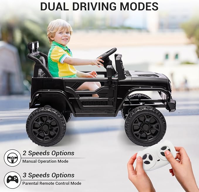 12V Ride On Car for Kids Electric Vehicle Toddlers Battery Powered Truck Car Toy with Remote Control, 4-Wheel Suspension, Battery Display, LED Lights, Music, for Boys Girls, Black