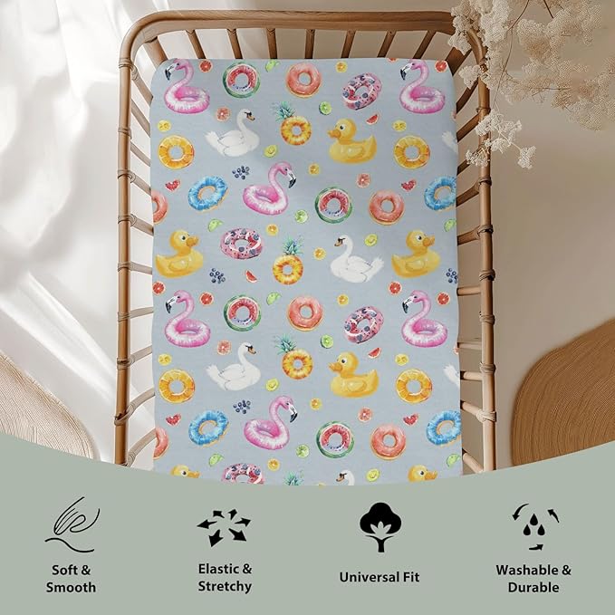 Summer Pool Floats Baby Crib Sheets for Boy Girl 52x28Inch Fun Beach Flamingo Duck Fruits Floats Soft Stretchy Fitted Crib Mattress Cover Travel Vacation Baby Sheet for Crib & Toddler Bed Mattress