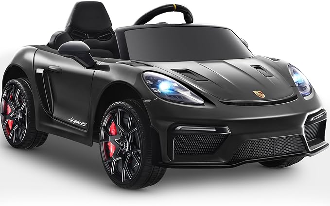 First Ride On Licensed Porsche 718 12V Electric Car for Kids, Ride on Toys for Toddler, Child Ride on Car w/Parent Remote, Led Lights, Openable Doors, MP3 Player, Smooth Start, 3 Speeds (Black)