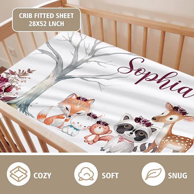 Personalized Crib Bedding Set for Boys Girls, Custom Baby Crib Sets with Name, Rose Animal Design Nursery Bedding 2 Piece - Soft Blanket with Double Layer Dotted Backing, Crib Fitted Sheet