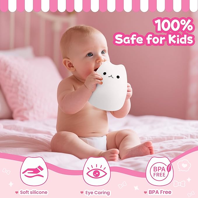 loatme Night Light for Kids, Rechargeable Dimmable Silicone LED Nightlight with 7 Colors, Baby Nursery Night Lamp, Touch Squishy Lamp, Cute Gifts for Girls, Boys, Toddler Room Decor, Cat