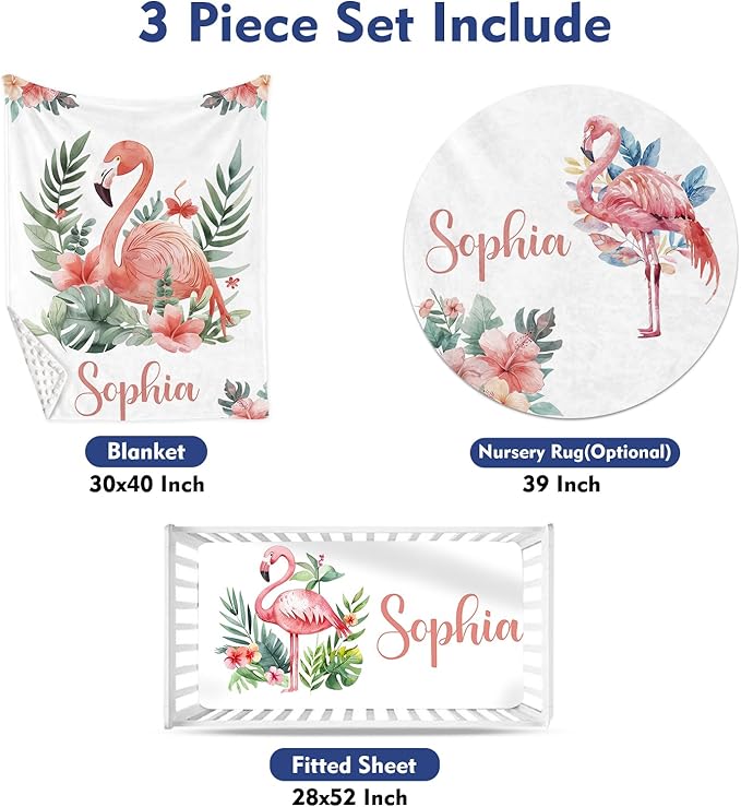 Custom Baby Crib Bedding Set, Personalized Name Flamingo Design Crib Set 3 Pcs, Soft Double Layer Blanket, Crib Sheet & Room Rug, Ideal Nursery Decor Gift for Baby Girls Boys