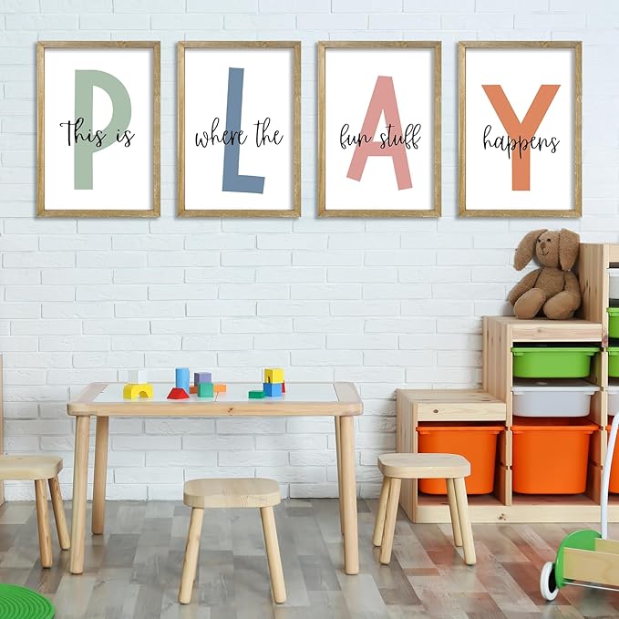 This Is Where The Fun Stuff Happens Kids Playroom Wall Art Decor 16x11 Inch Set Of 4 Rustic Kids Wood Framed Sign Toddler Modren Nursery Interesting Let's Play Prints Wall Hanging (Wood)