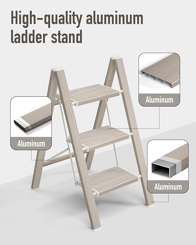 Mayi Plus 3 Step Ladder,Aluminum Folding Step Stool for Adults,Step Ladder with Wide Anti-Slip Pedal,330 lbs Capacity for Home,Kitchen,Library,Office(Fir Woodgrain)