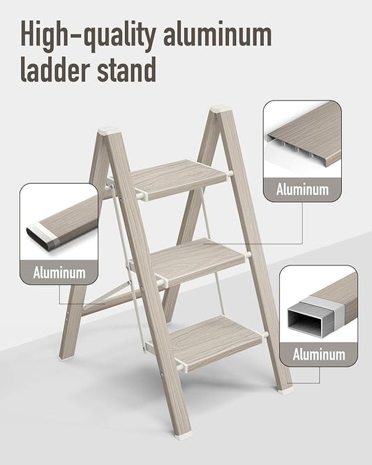 Mayi Plus 3 Step Ladder,Aluminum Folding Step Stool for Adults,Step Ladder with Wide Anti-Slip Pedal,330 lbs Capacity for Home,Kitchen,Library,Office(Fir Woodgrain)