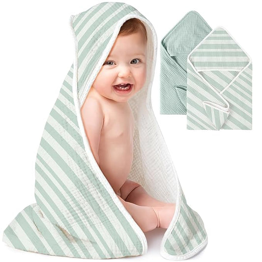 Konssy 2-Pack Muslin Hooded Baby Towels, 100% Cotton, Ultra-Soft & Absorbent Baby Bath Towels with Hood for Newborn & Infant (Green, Stripe, 32" x 32")