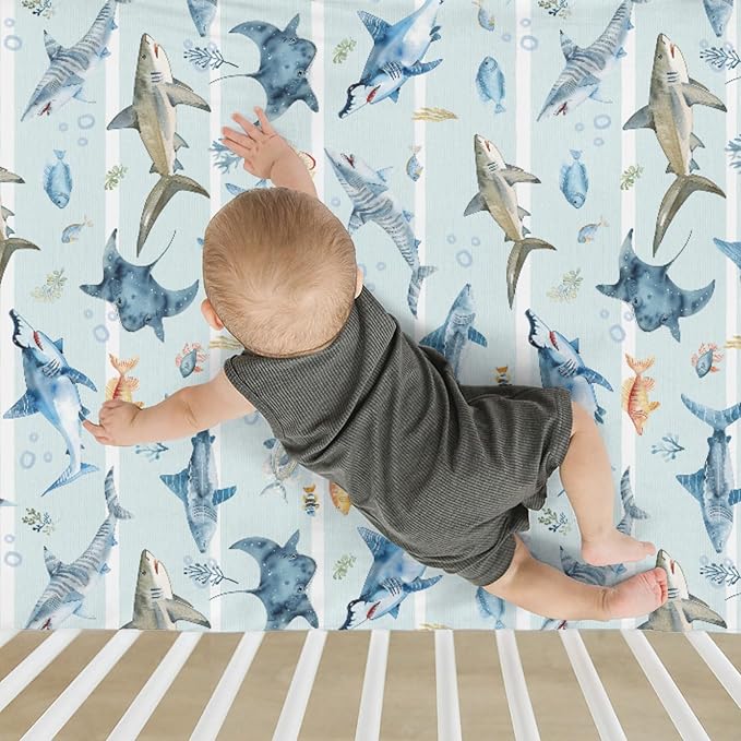 Blue Sharks Baby Crib Sheets for Boy Girl 28"x52" Sea Animals Shark Striped Corals Soft Snug Fitted Crib Mattress Covers Nautical Sharks Baby Sheet for Standard Crib and Toddler Bed Mattress