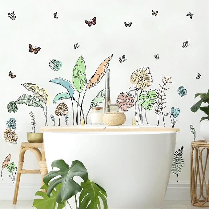 Palm Leaves Wall Decals Boho Tropical Leaves Wall Sticker Removable Green Plant Leaf Walls Decal Peel and Stick Tropical Leave Butterflies Vinyl Art Mural for Bedroom Living Room TV Background Decor