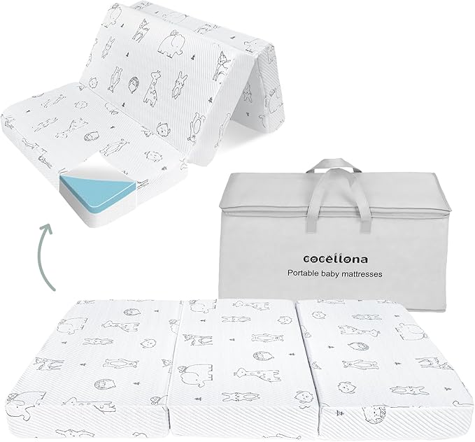 Pack and Play Mattress Pad, 38x26 Dual-Sided Soft & Firm Memory Foam Pack N Play Mattresses Foldable Portable Baby Mattress for Pack n Play with Breathable Animal Jacquard Cover &Travel Bag