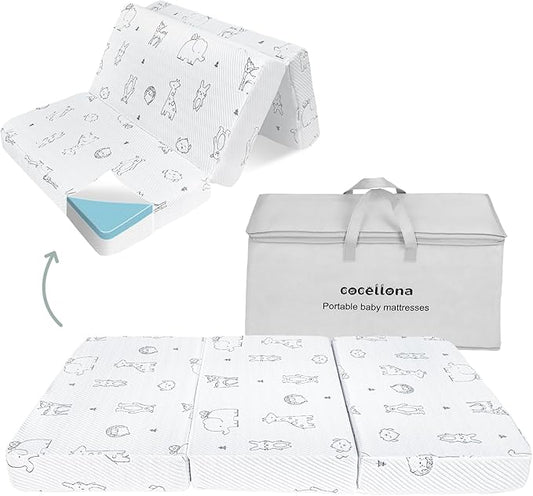 Pack and Play Mattress Pad, 38x26 Dual-Sided Soft & Firm Memory Foam Pack N Play Mattresses Foldable Portable Baby Mattress for Pack n Play with Breathable Animal Jacquard Cover &Travel Bag