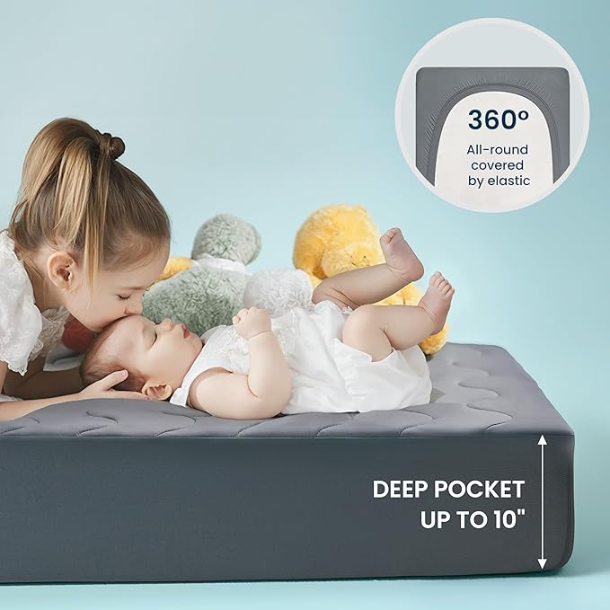 Sleep Zone Cooling Crib Mattress Protector Waterproof 2 Pack, Quilted Soft Toddler Mattress Pad, Breathable Baby Mattress Cover with Deep Pocket, Machine Washable Bed Topper (Dark Grey, 52 x 28)