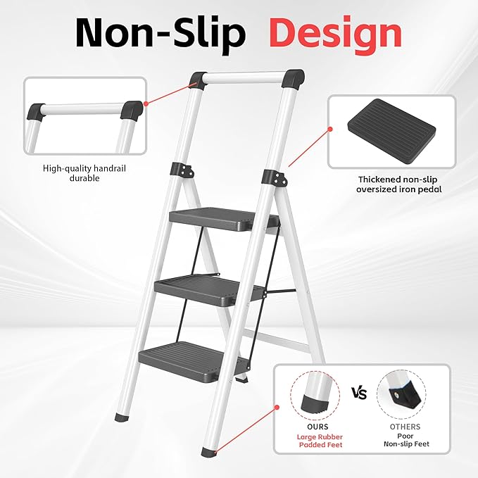 3 Step Ladder, DIAMONDFORGE Folding Step Stool with Wide Anti-Slip Pedal, Anti-Slip Feet and Handgrip, Sturdiest Steel Construction, Steel Ladder for Home, Black Grey