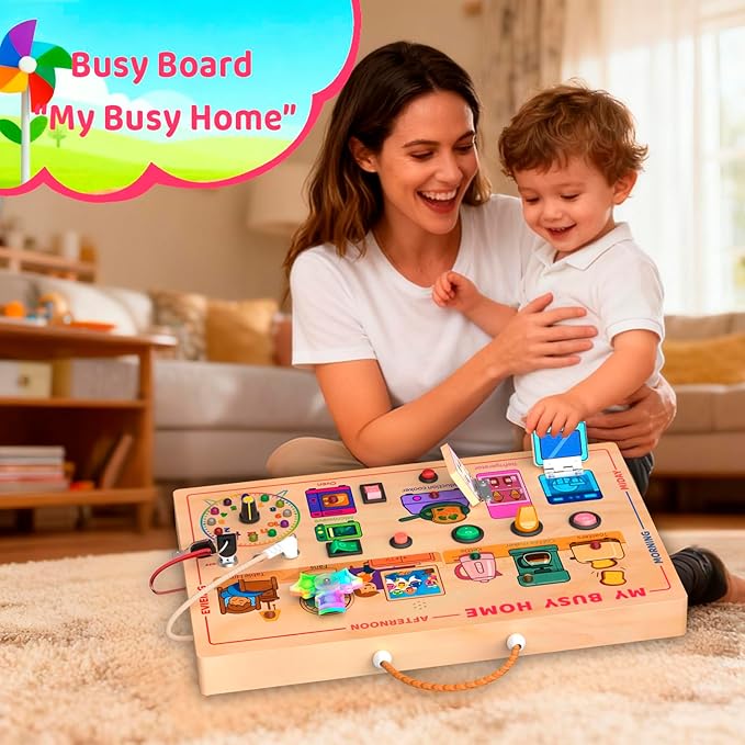 My Busy Home Montessori Busy Board for Toddlers 1-3 - Wooden Sensory Activity Board with Kitchen Appliances, Switches, Clock | Educational Fine Motor Skill Toy for 1+ Year Old Boys Girls