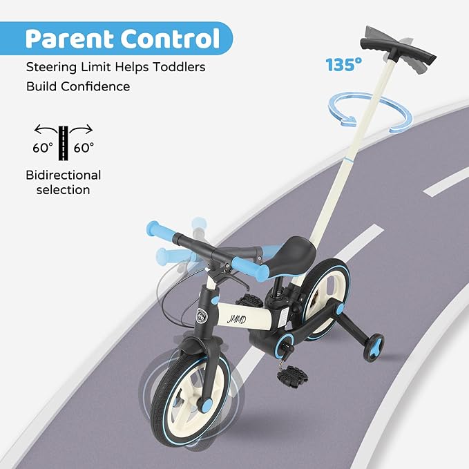 JMMD 6 in 1 Toddler Bike with Push Handle for Kids 18-60 Months, 12" Foldable Balance Bike with Training Wheels, Pedals, Brakes, Kickstand, Push Tricycle Toddler Gift & Toys for Boy & Girl