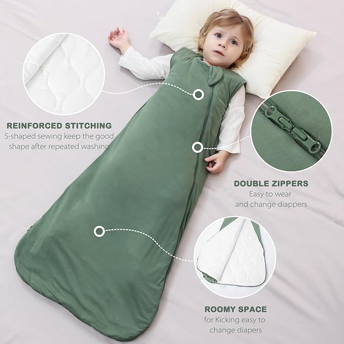 Mosebears Unisex Rayon Made from Bamboo Sleep Sack with 2-Way Zipper,2.5 Tog Baby Winter Sleep Sack (Dark Green,6-18 Months)