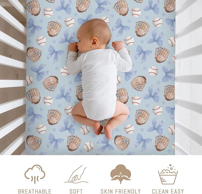 Pastel Blue Baseball Bows Baby Crib Sheets for Boys Watercolor Boy Baseball Soft Snug Fitted Crib Mattress Covers for 52''x28'' Standard Crib & Toddler Mattresses Outdoor Sports Bed Sheets
