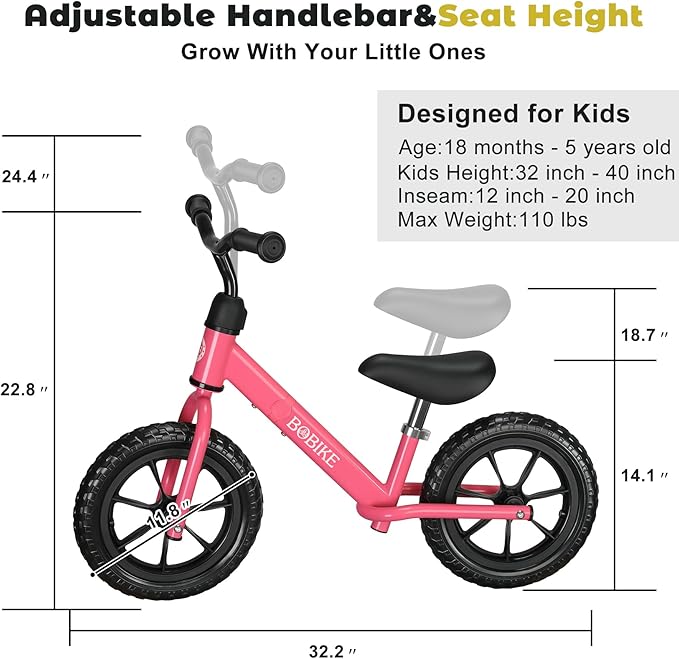 Bobike Toddler Balance Bike Toys for 2 to 5 Year Old Girls Boys Adjustable Seat and Handlebar No-Pedal Training Bike Best Gifts for Kids