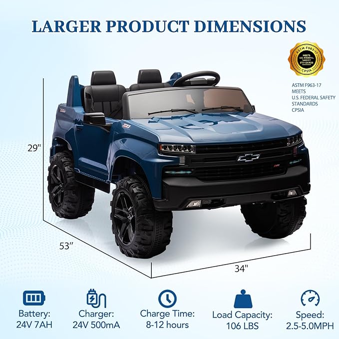 GarveeLife 24V 2-Seater Truck Licensed Chevrolet Silverado Ride On Car Kids Toy, Electric Vehicle Car for Toddlers with Parent Remote Control, Blue