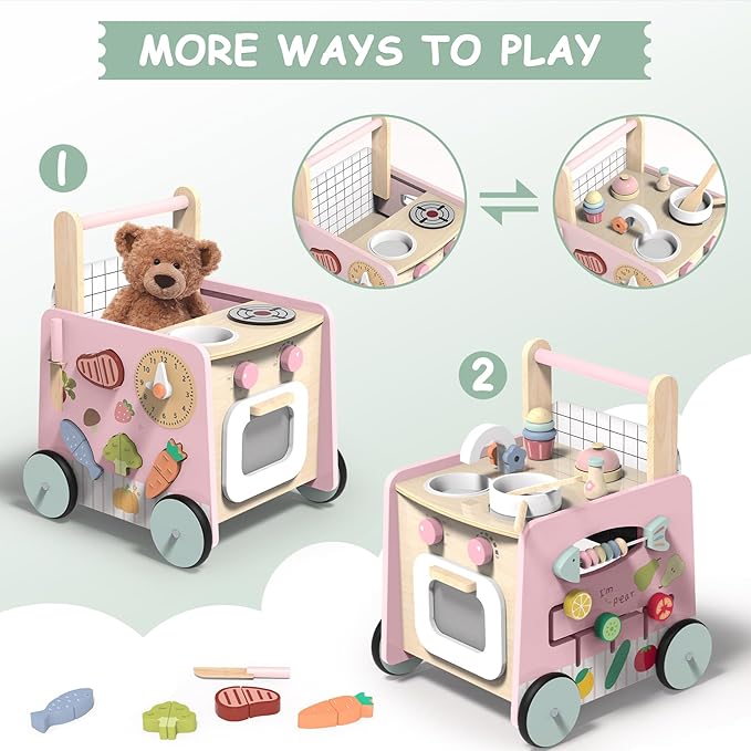 Wooden Baby Walker 4-in-1 with Push Walker Toys, Play Kitchen Accessories, Toddlers Montessori Sensory Toys, Walking Toys for Baby Girls Boys Learning to Walk